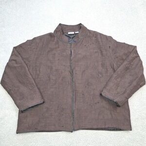 Chicos Jacket Womens 3 US XL Brown Embroidered Cotton Silk Blend Boho Chic